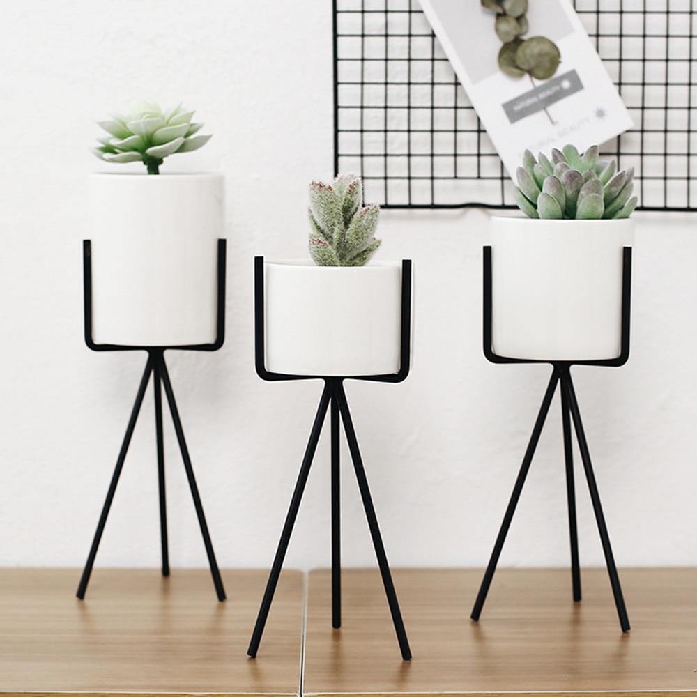Long Tabletop Ceramic Planter with Geometric Iron Stand – Gleelee