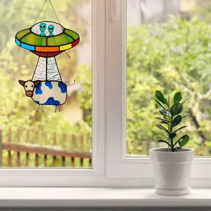 🛸UFO Abduction a Cow Stained Suncatcher