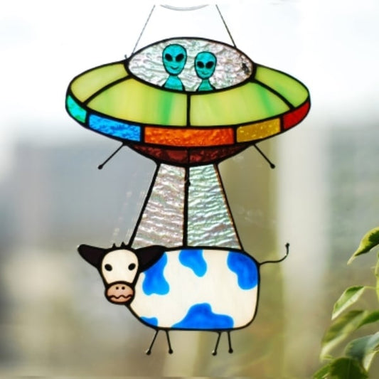 🛸UFO Abduction a Cow Stained Suncatcher