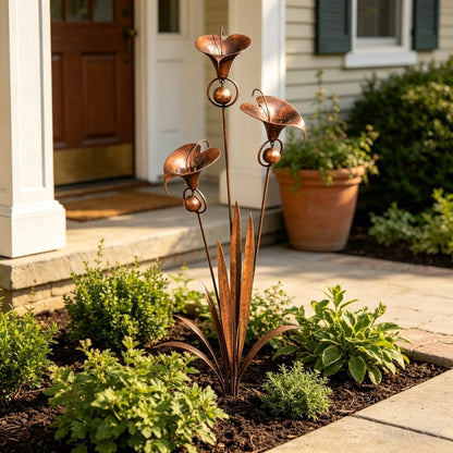 🌼Flamed Copper Three Calla Lilies Garden Stake with Bells🔔