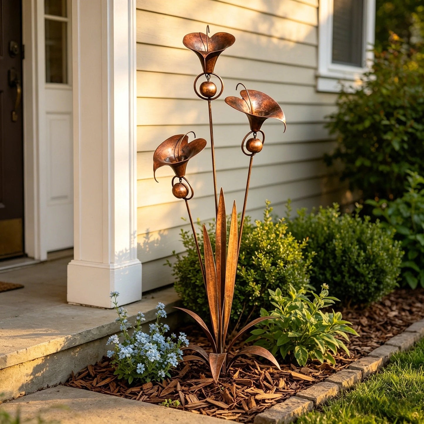 🌼Flamed Copper Three Calla Lilies Garden Stake with Bells🔔