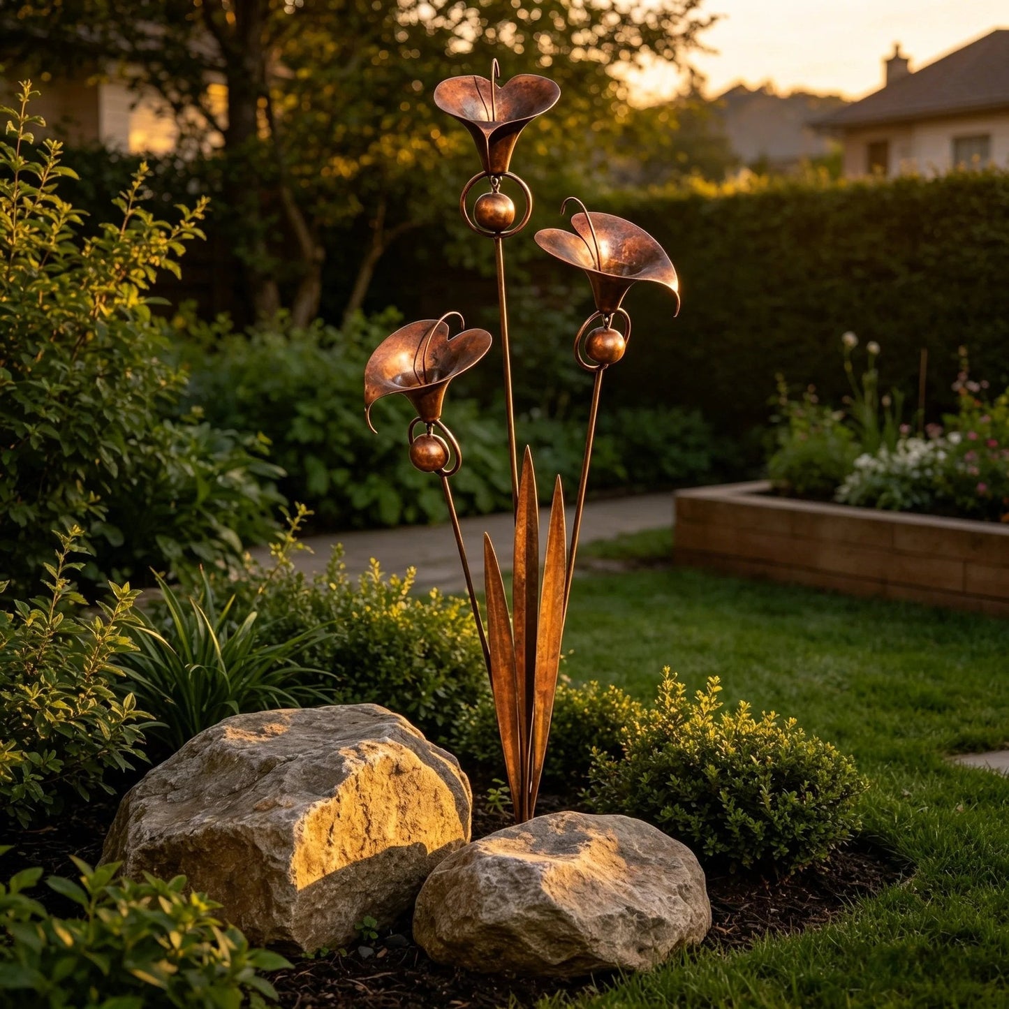 🌼Flamed Copper Three Calla Lilies Garden Stake with Bells🔔