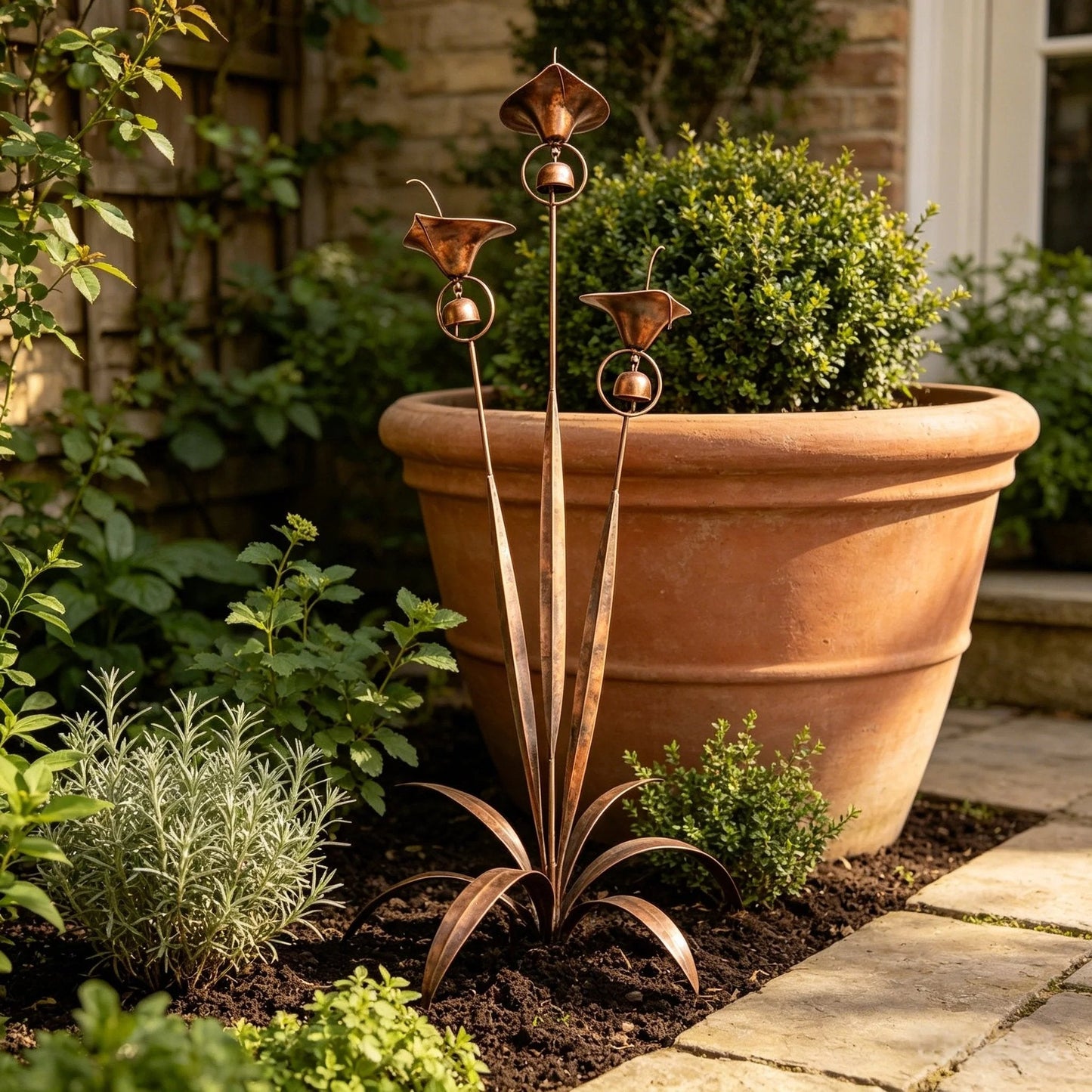 🌼Flamed Copper Three Calla Lilies Garden Stake with Bells🔔