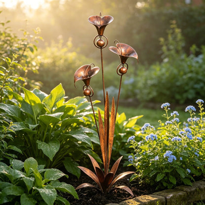 🌼Flamed Copper Three Calla Lilies Garden Stake with Bells🔔