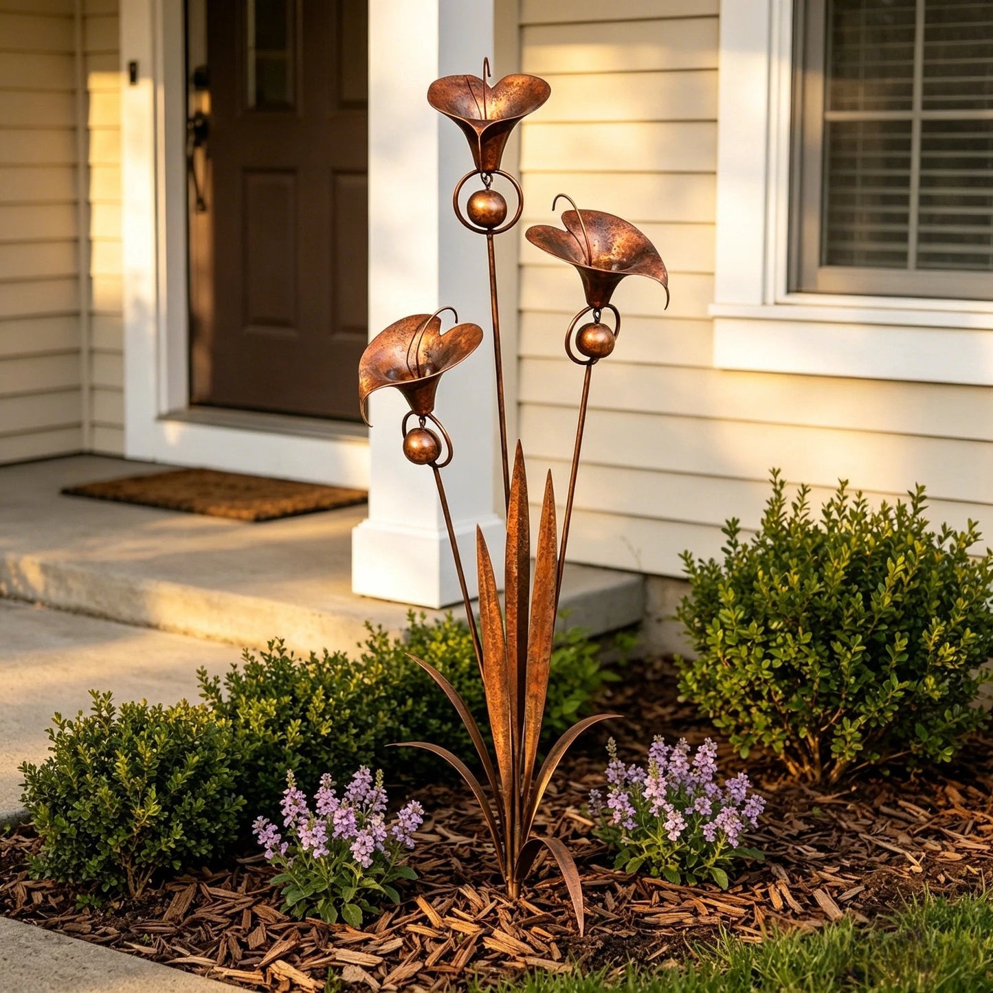 🌼Flamed Copper Three Calla Lilies Garden Stake with Bells🔔