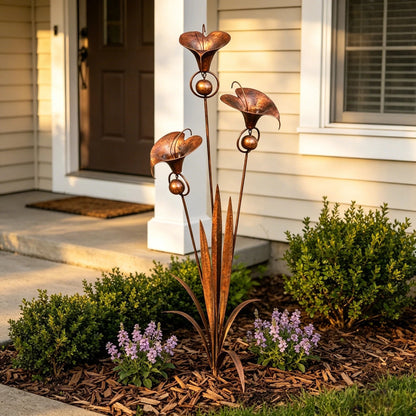 🌼Flamed Copper Three Calla Lilies Garden Stake with Bells🔔