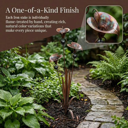 🌼Flamed Copper Three Calla Lilies Garden Stake with Bells🔔
