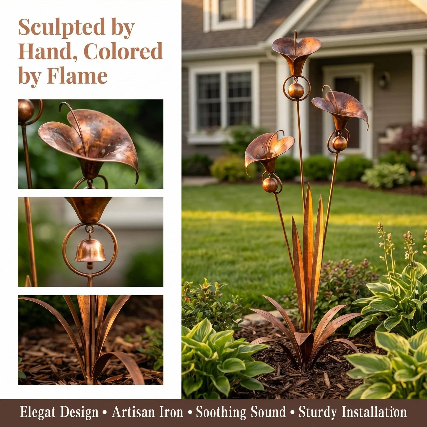 🌼Flamed Copper Three Calla Lilies Garden Stake with Bells🔔